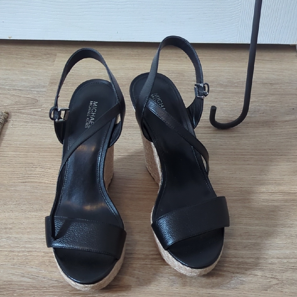 Michael Kors Black and Tan Wedge Sandals